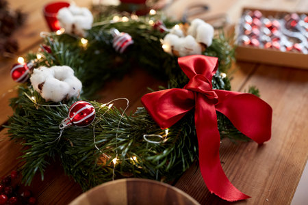 christmas wreath making stuff and decorationsの写真素材