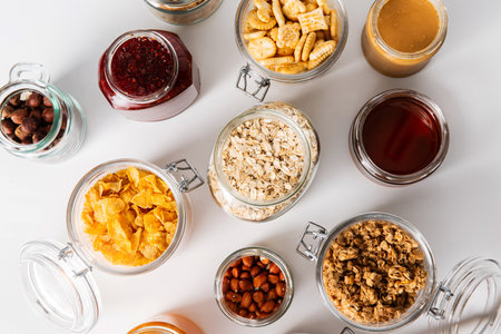 close up of jars with oat, corn flakes and granolaの写真素材