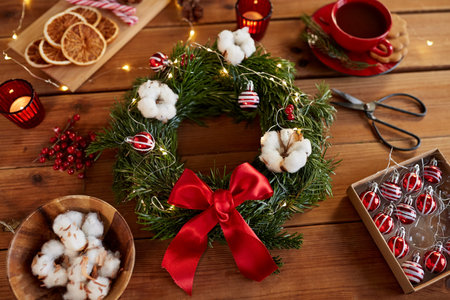christmas wreath making stuff and decorationsの写真素材