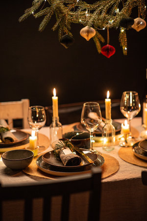 christmas dinner party table serving at homeの写真素材