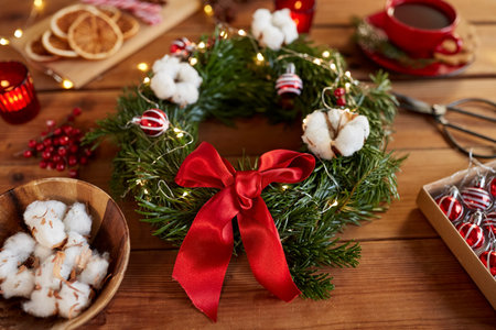 christmas wreath making stuff and decorationsの写真素材