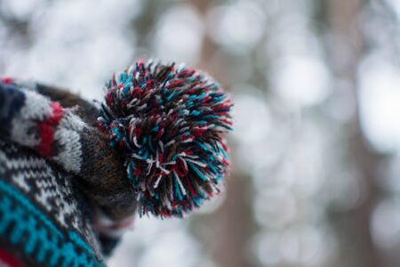 Colourful and bright pompon of hat.  Close-up lenses.の写真素材