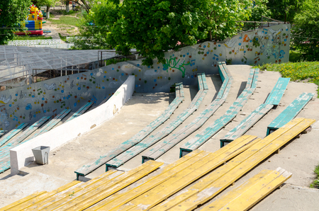 Wooden benches in outdoor theatre.の写真素材