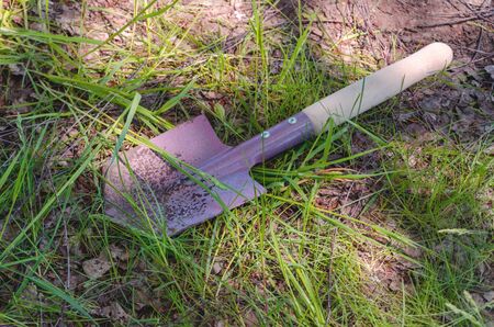 rust hiking shovel in forest grass.の写真素材