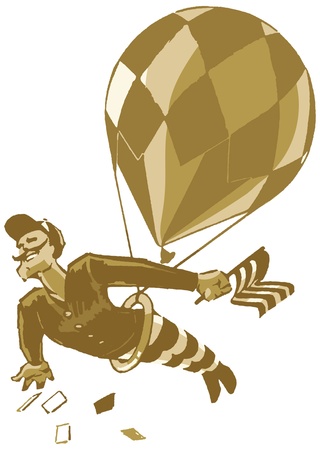 Why it s a rather dashing chap with a handlebar mustache, swinging from a trapeze under a balloon  From his hand he drops favors to the crowds below  Very sporting of him のイラスト素材