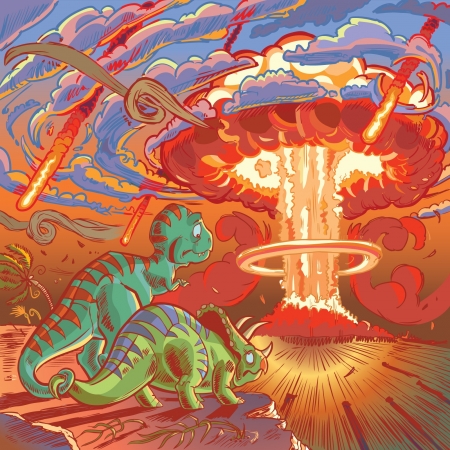 A Cartoon Tyrannosaurus and Triceratops, once mortal enemies, clasp their tails in a last-minute display of friendship and reconciliation as they realize the futility of their ongoing conflict in the face of impending doom  のイラスト素材