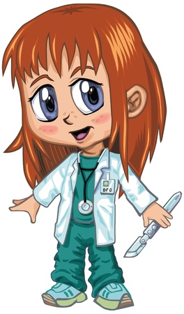 A red-haired girl wearing doctor s scrubs, drawn in an anime or manga style  She is in a  paper doll  pose, and has a stethoscope and a scalpel, which is removable if desired  のイラスト素材