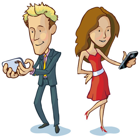 Vector cartoon illustration of a man and woman in a suit and dress texting each other.のイラスト素材