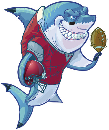 Vector cartoon clip art illustration of a tough mean smiling shark mascot wearing a football uniform and pads while holding a helmet and football. Customizable accessories are on a separate layer in the vector file.のイラスト素材