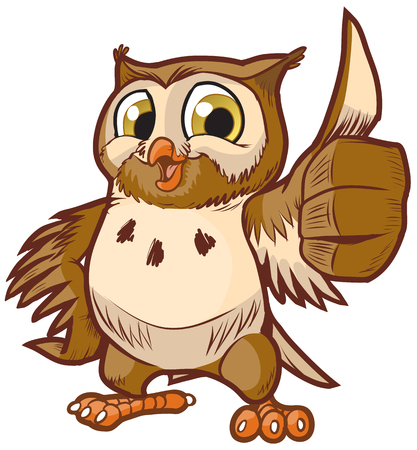 Vector cartoon clip art illustration of a cute and happy owl mascot giving the thumbs up hand gesture.