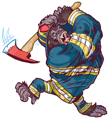 Vector cartoon clip art illustration of a tough angry gorilla mascot wearing a firefighter uniform and swinging a fire axeのイラスト素材