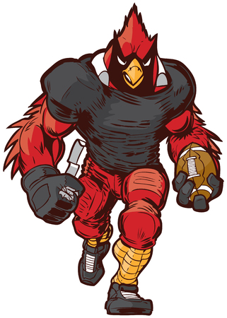 Vector cartoon clip art illustration front view of a tough cardinal football player mascot in uniform walking forward holding the game ball.のイラスト素材