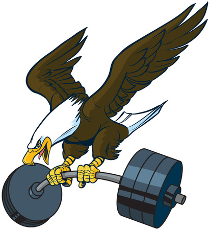 Vector cartoon clip art illustration of a bald eagle mascot diving or swooping down with spread wings and a barbell weight in its talons.のイラスト素材