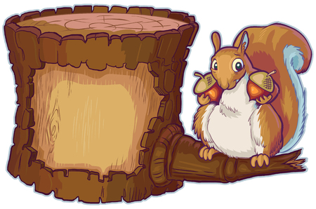 Vector cartoon clip art illustration of an upright wooden tree log with open space in the bark for custom designs. Features a red squirrel on a branch holding two acorn nuts. Log and character in separate layers with lines and fills separated also.のイラスト素材