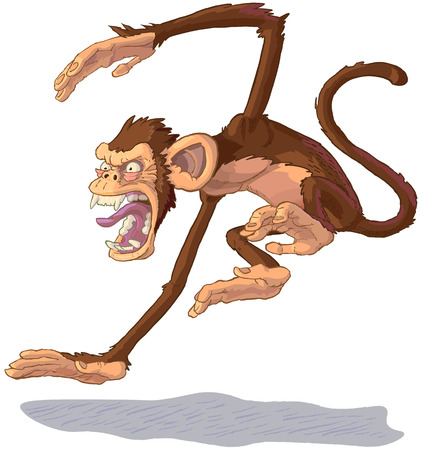 Vector cartoon clip art illustration side view of an angry chimpanzee monkey mascot jumping and yelling or screaming.のイラスト素材