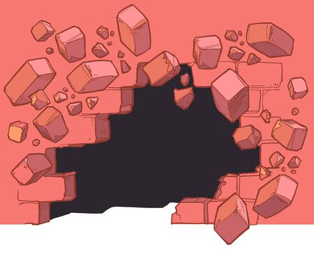 Vector cartoon clip art illustration of a Ground level hole in a red brick wall breaking or exploding out and to the left into rubble or debris. Ideal as a customizable background graphic element. Vector file is layered for easy customization.のイラスト素材