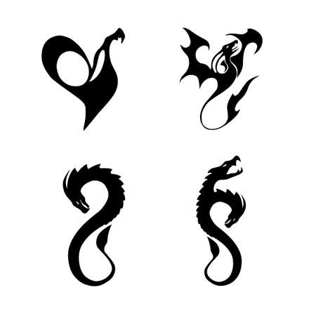 black silhouettes of stylized dragons on a white backgroundのイラスト素材