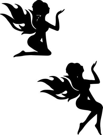 Black silhouettes of girls with wings , fairies silhouettes on a white backgroundのイラスト素材
