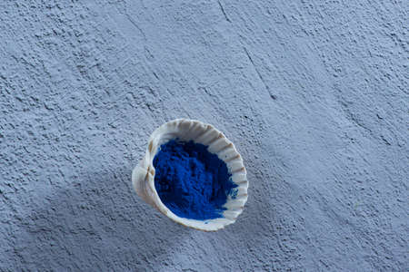 Blue spirulina powder texture in white sea shells on white background. Phycocyanin extract. Natural...