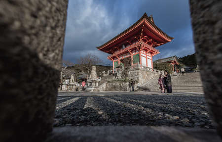 KYOTO, JAPAN - January 08,2015 : Kiyomizu dera Temple Gate in Kyoto Tourists walk near by main gate on January 08,2015のeditorial素材