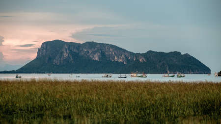 Many ship in sea in front of islandの写真素材