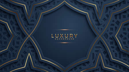 Luxury black background with a combination glowing golden dots with 3D style. Abstract black papercut textured background with shining golden halftone pattern.のイラスト素材