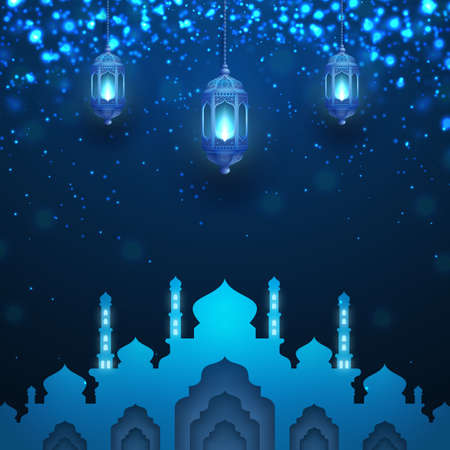 Ramadan kareem background with glowing hanging lantern and mosque. Greeting card background with 3D paper cut style.のイラスト素材