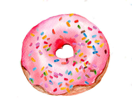 Pink glazed donut with heart shape hole in the middle, topping with colorful sprinkle. Watercolor illustration painted by hand, isolated on white background.の写真素材