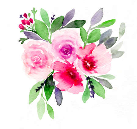 Watercolor illustration of bouquet of varieties of flowers in multi colors. Isolated elements on white background. Easy to be used for any purposes and concepts.の写真素材