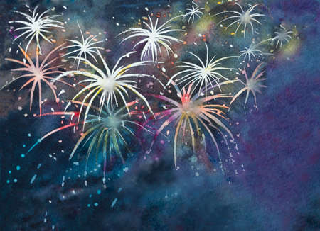 Colorful night sky full of fireworks for festive occasion, New Year, 4th of July, Diwali etc.  Watercolor illustration hand drawn and brush paint on paper.の写真素材