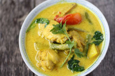 Kari Ayam - Malaysian Traditional cuisine. Spicy chicken curry with coconut milk garnished with curry and pasleyの写真素材