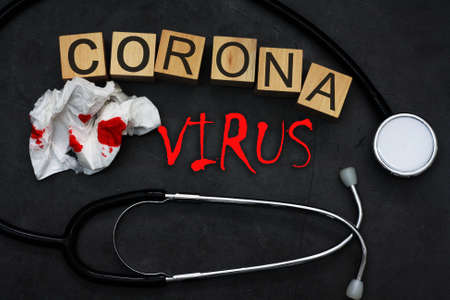 Corona virus wording with tissue blood stainの写真素材