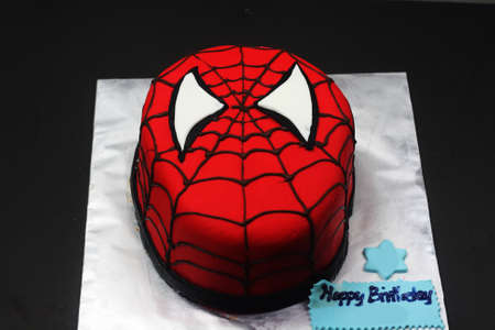 Sabah, Malaysia-March 8 2020 : Spiderman inspired fondant cake art with black background.の写真素材