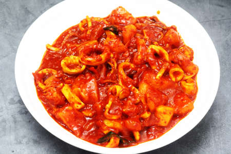 Squid cooked with tomatoes and red chilli sauce, sambal sotongの写真素材