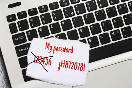 Password management concept. Top view keyboard and my password wording. Change your password from weak to strong.の写真素材