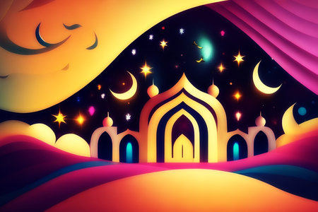 Illustration of Ramadan Kareem background with mosque and crescent moonの素材