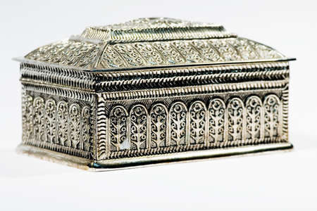 Retro silver jewelry box on the white backgroundの写真素材