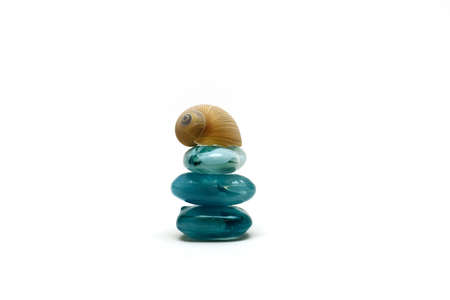Close-up of blue glass pebble with shell.の写真素材