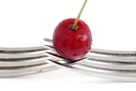 wet cherry with two fork over white backgroundの写真素材