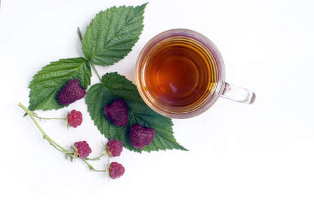 herbal tea in the cup with raspberry and green leafの写真素材