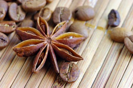 coffee beans with spice of  aniseedの写真素材