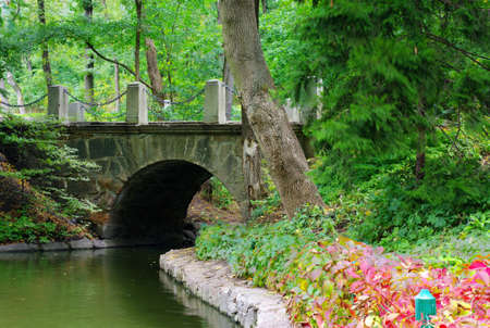Old stone bridge across small stream in the woodsの写真素材