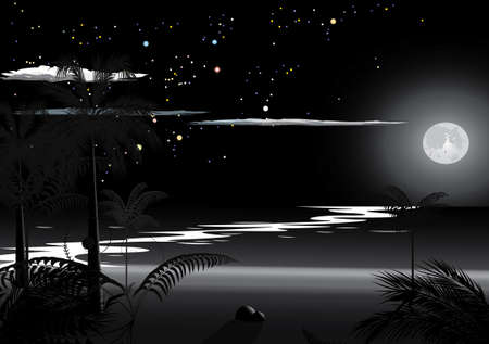 Ocean in the night, full moon and stars.のイラスト素材