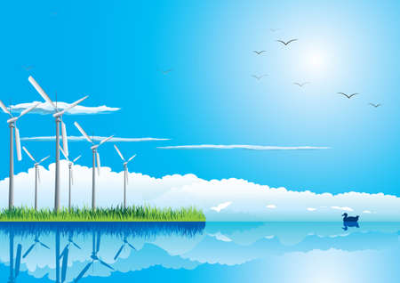  Wind farm in grass over blue sky with birds のイラスト素材
