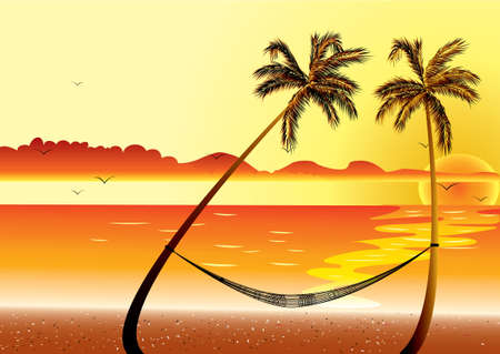 Sunset at Beach Shore and hammock with palmのイラスト素材