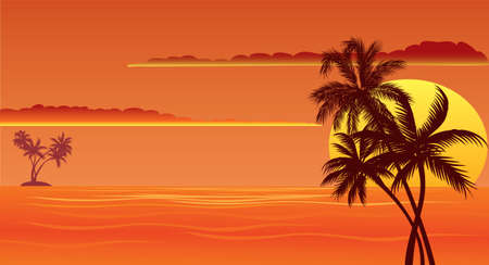 tropical sunset beach with palmsのイラスト素材