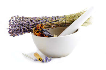 Healing herbs in white ceramic mortar and pestle の写真素材