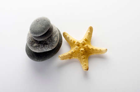 pile of stones and sea star closeup on white backgroundの写真素材