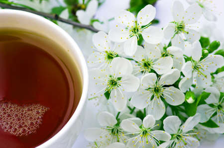 tea with cherry flowers and branches on white table, top viewの写真素材