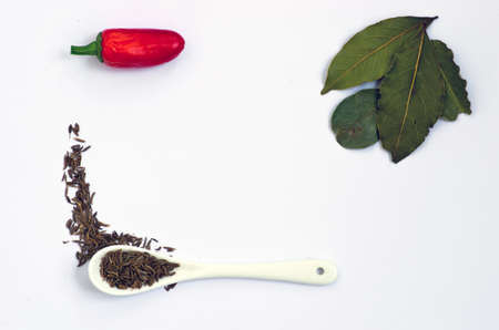 Spices. Spices in ceramic spoon over white background. Zira and chili, bay